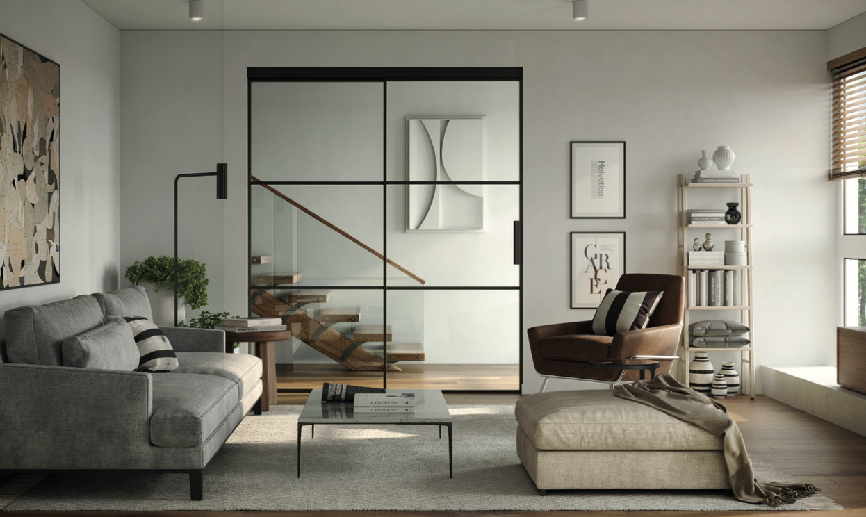 Stahl-Glas-Schiebetür mit schwarzem Rahmen als Raumteiler in modernem Wohnzimmer