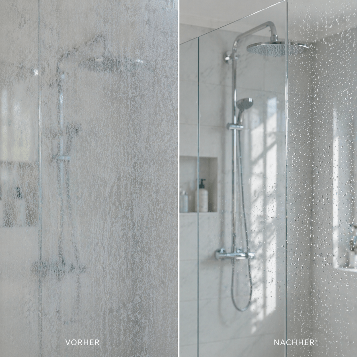 Glasdusche vorher nachher Vergleich: links verkalkte milchige Glaswand, rechts saubere klare Glasdusche mit Wassertropfen nach der Reinigung