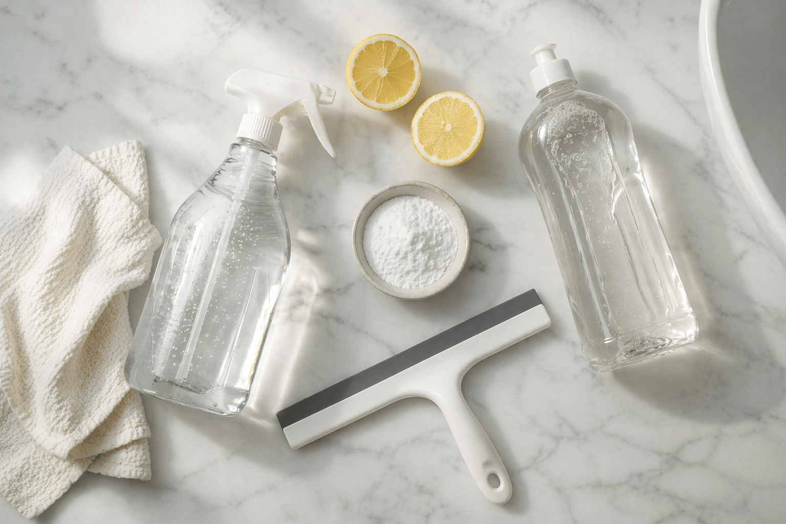 Hausmittel zur Glasduschen-Reinigung: Sprühflasche mit Essiglösung, aufgeschnittene Zitrone, Zitronensäure-Pulver, Klarspüler, Abzieher und weiches Baumwolltuch auf Marmoruntergrund