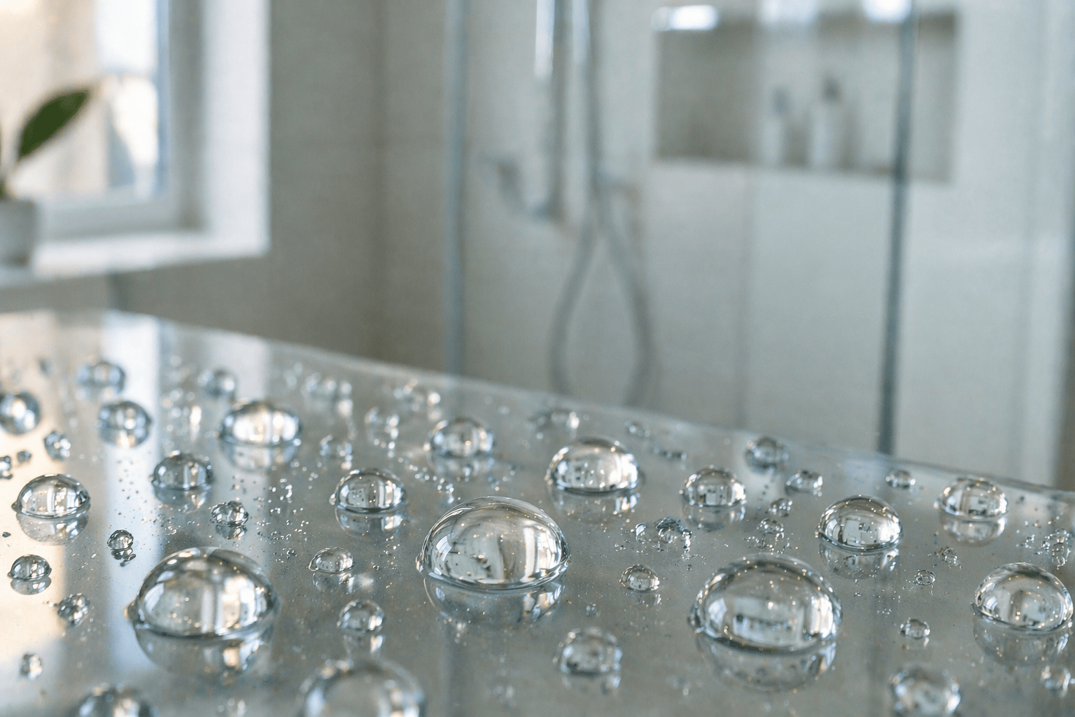 Nahaufnahme von kugelförmigen Wassertropfen auf einer nano-versiegelten Glasdusche mit sichtbarem Abperleffekt