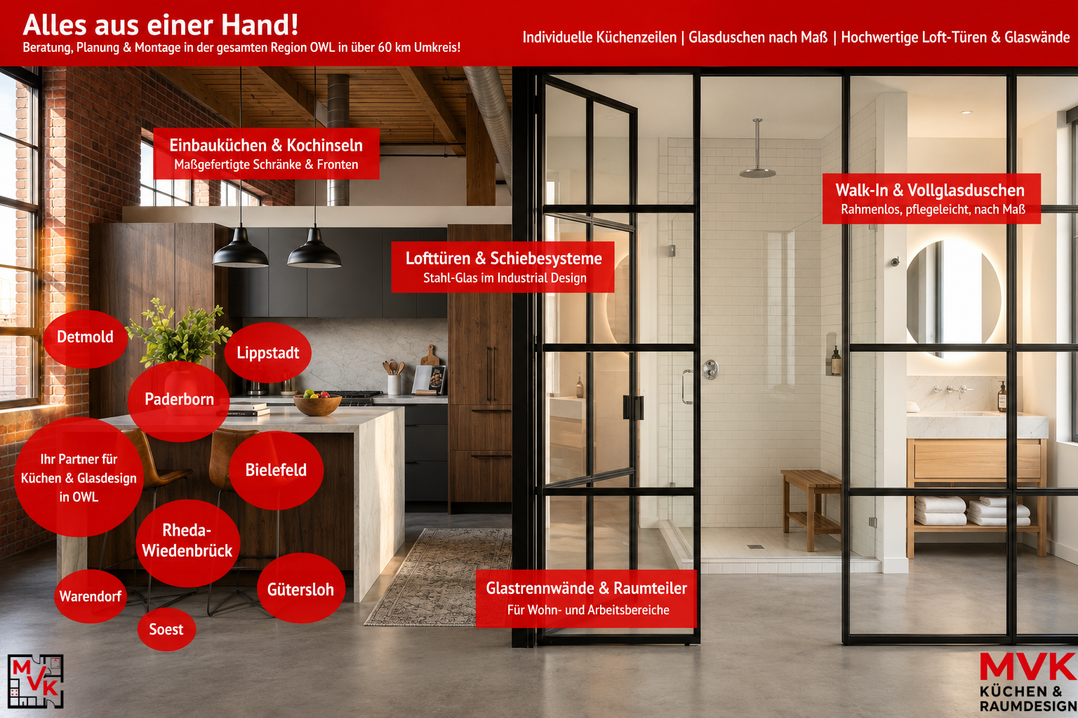 MVK Küchen & Raumdesign – Alles aus einer Hand: Einbauküchen, Glasduschen, Lofttüren und Glastrennwände in der Region OWL – Rheda-Wiedenbrück, Paderborn, Bielefeld, Gütersloh und Umgebung
