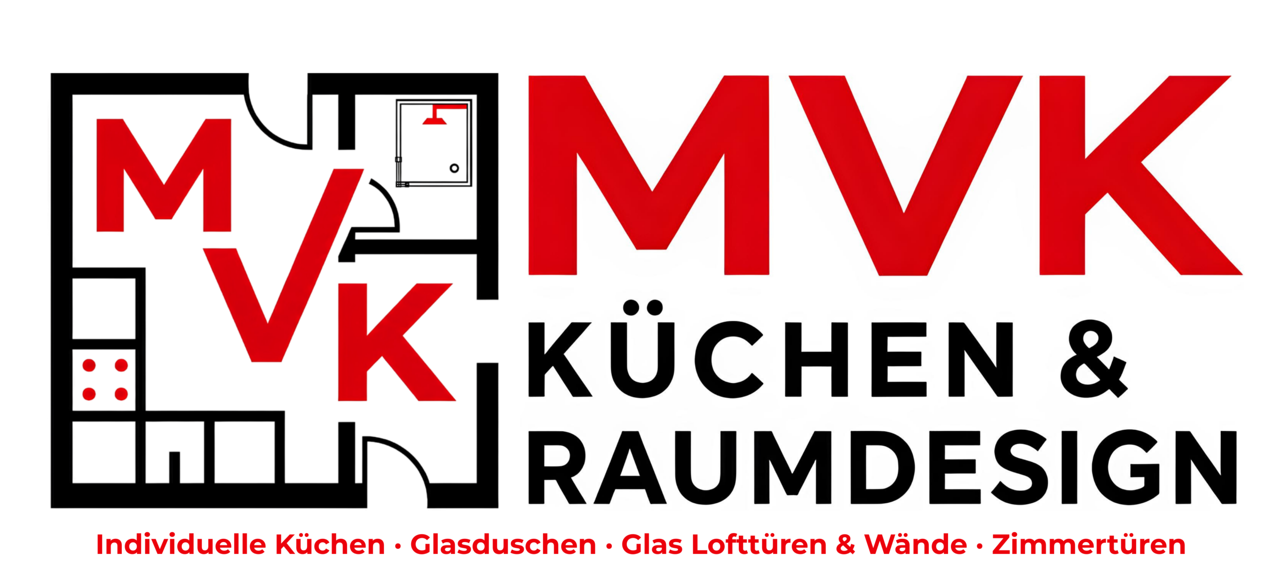 MVK Küchen & Raumdesign Logo mit Leistungsclaim, weiß