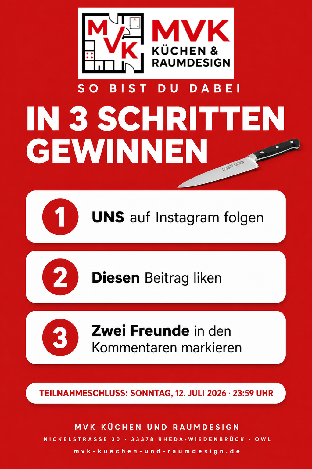 MVK Küchen & Raumdesign Gewinnspiel Teilnahmebedingungen in 3 Schritten, Instagram folgen, liken, Freunde markieren