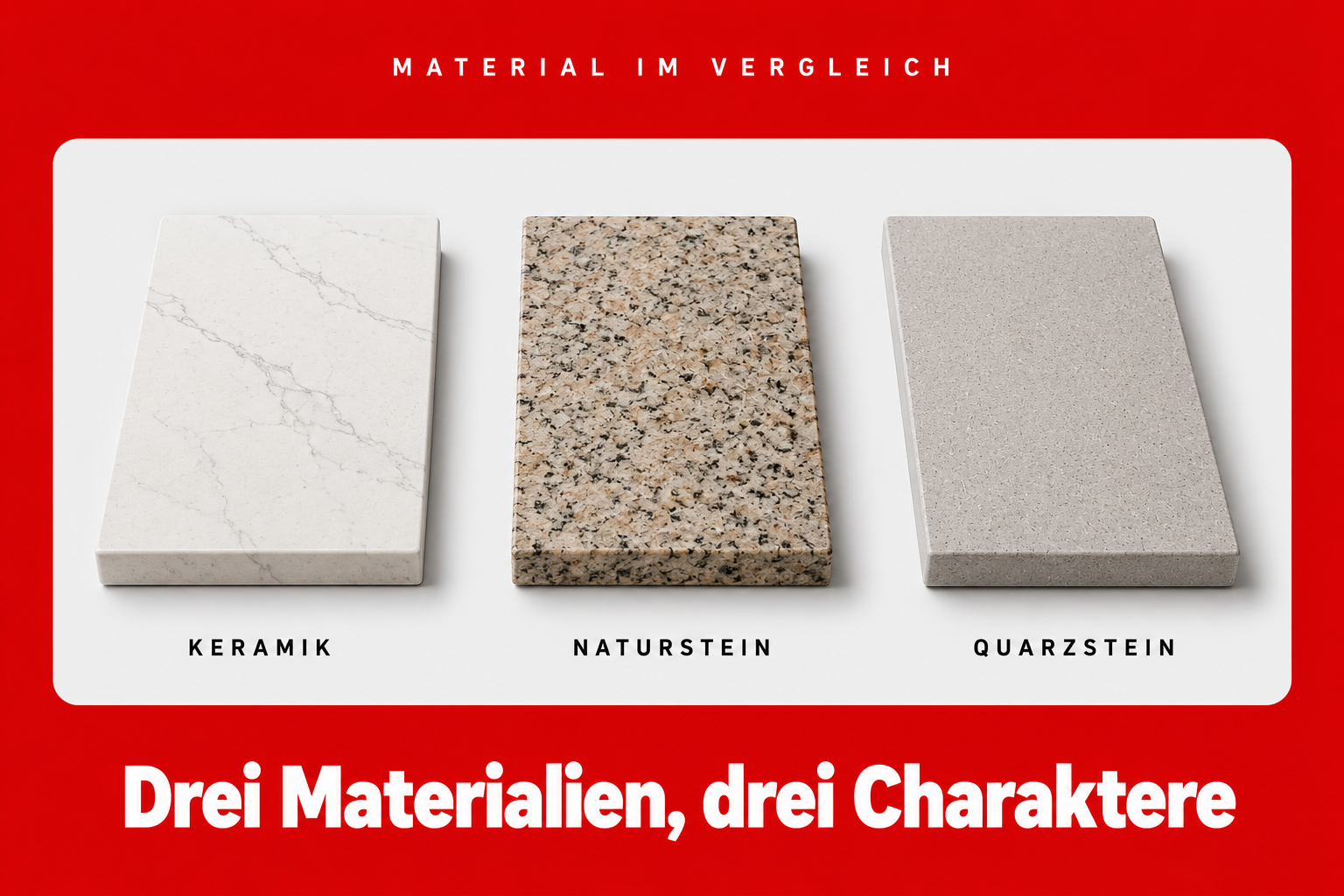 Materialvergleich Arbeitsplatten Keramik Naturstein und Quarzstein als Musterplatten