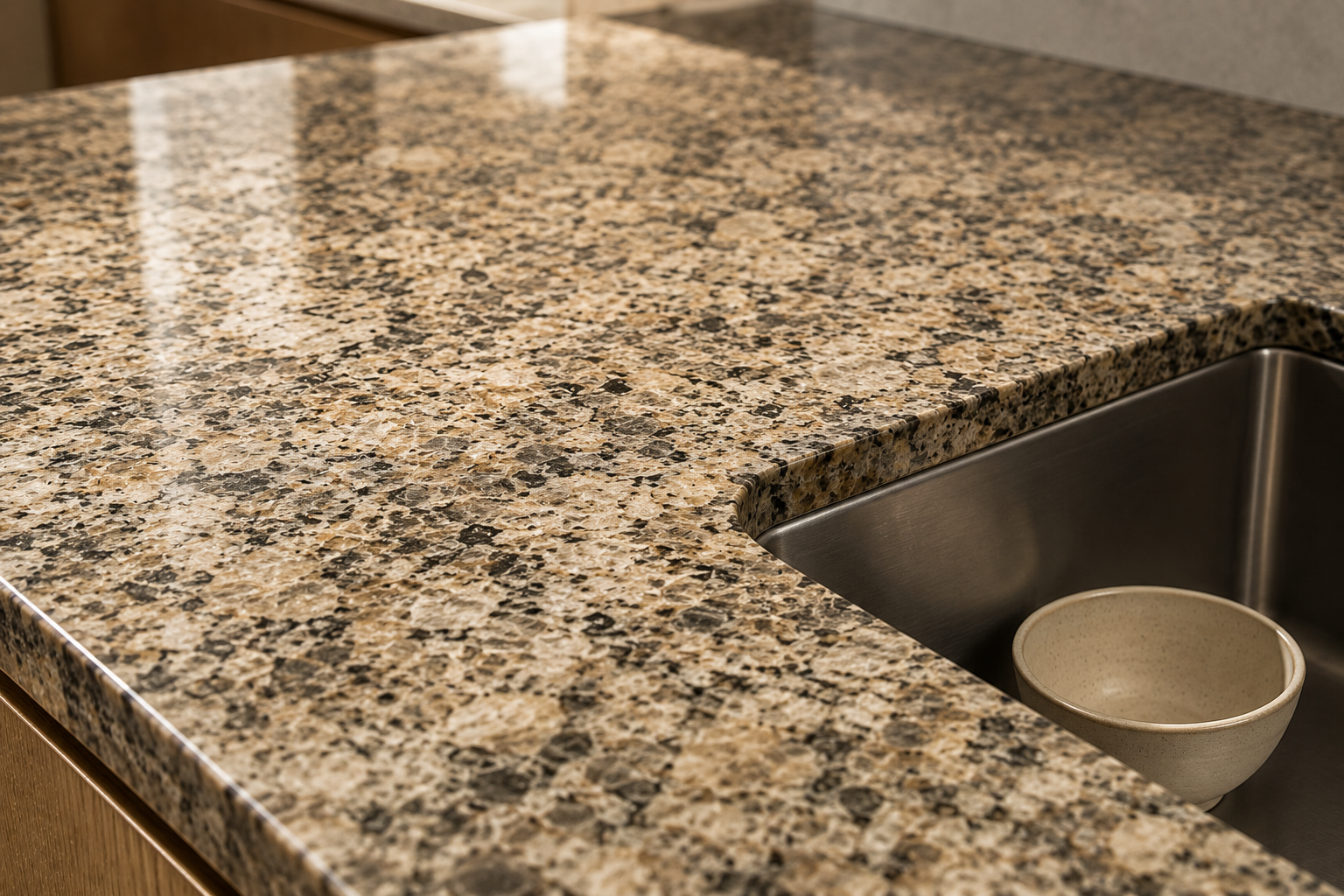 Granit-Arbeitsplatte mit Natursteinmaserung und Spüle für eine Küche vor Ort in Delbrück