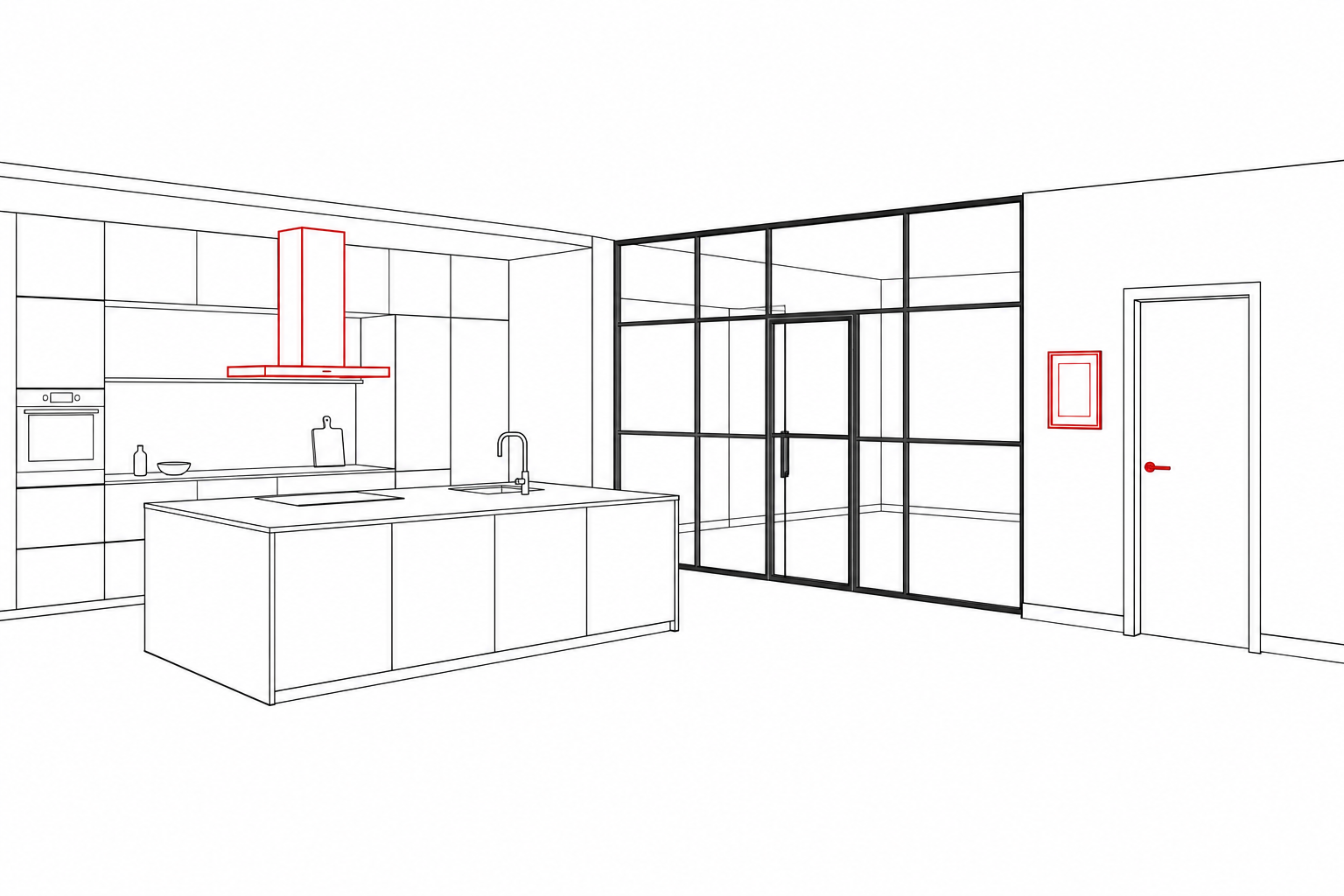 Linien-Illustration Küche Glas-Loftwand und Innentür als Symbol für Leistungen aus einer Hand