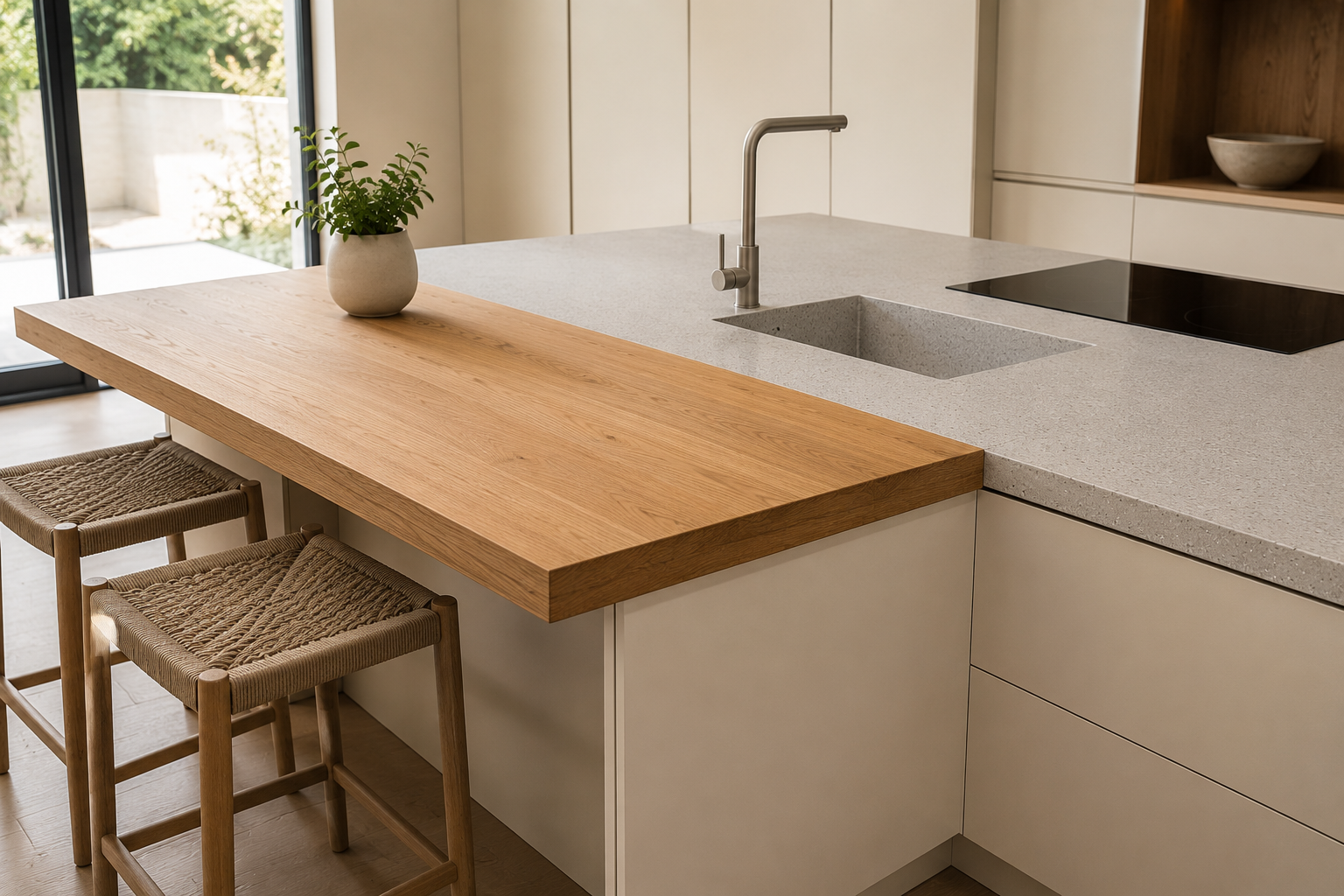 Kücheninsel mit Materialmix aus Quarzstein-Arbeitsplatte und Echtholz-Sitzbereich in Gütersloh