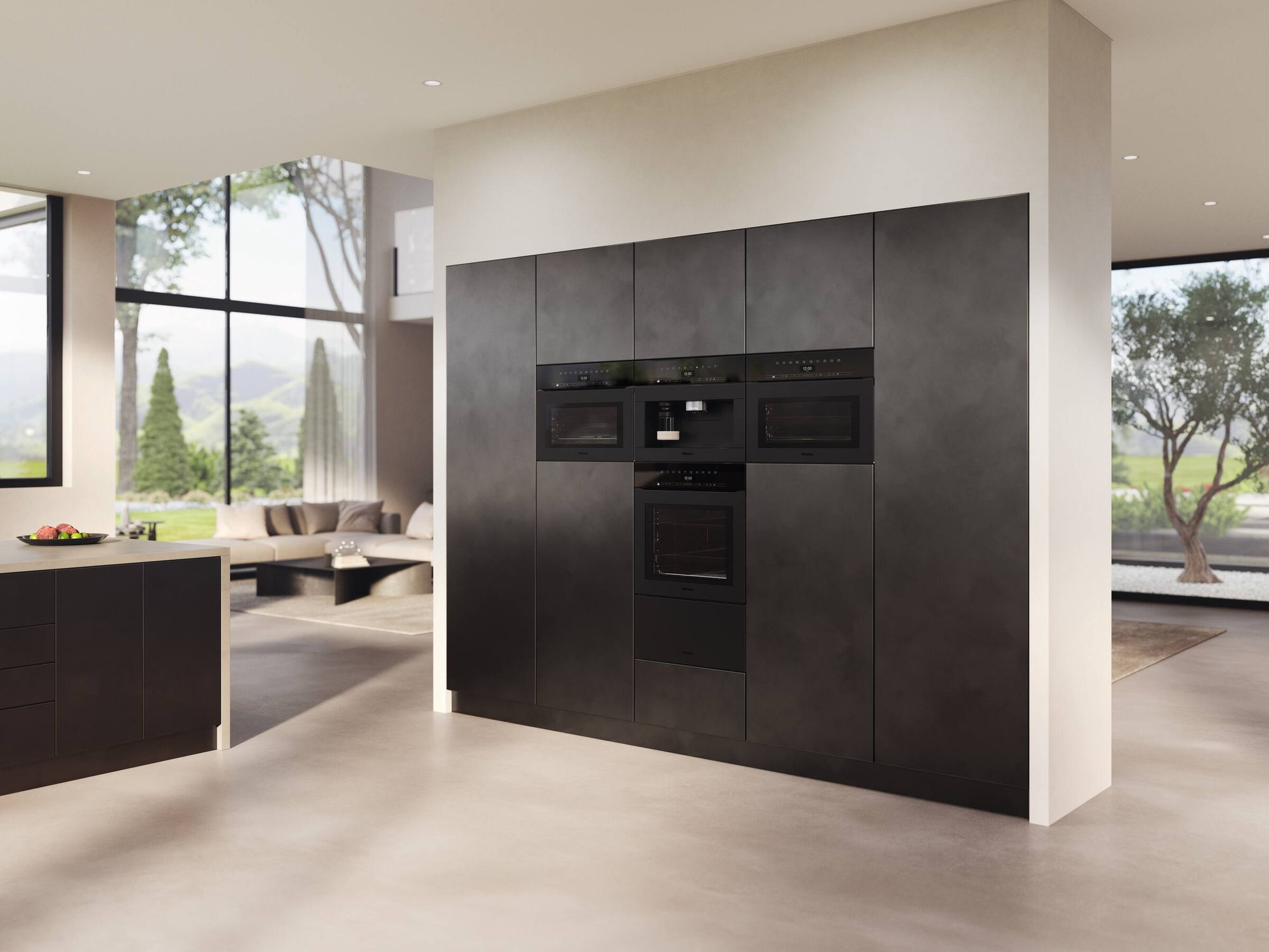 Hochschrankzeile mit Miele Einbaugeräten
in Obsidianschwarz: Kaffeevollautomat,
Kompaktgeräte, Backofen und Wärmeschublade