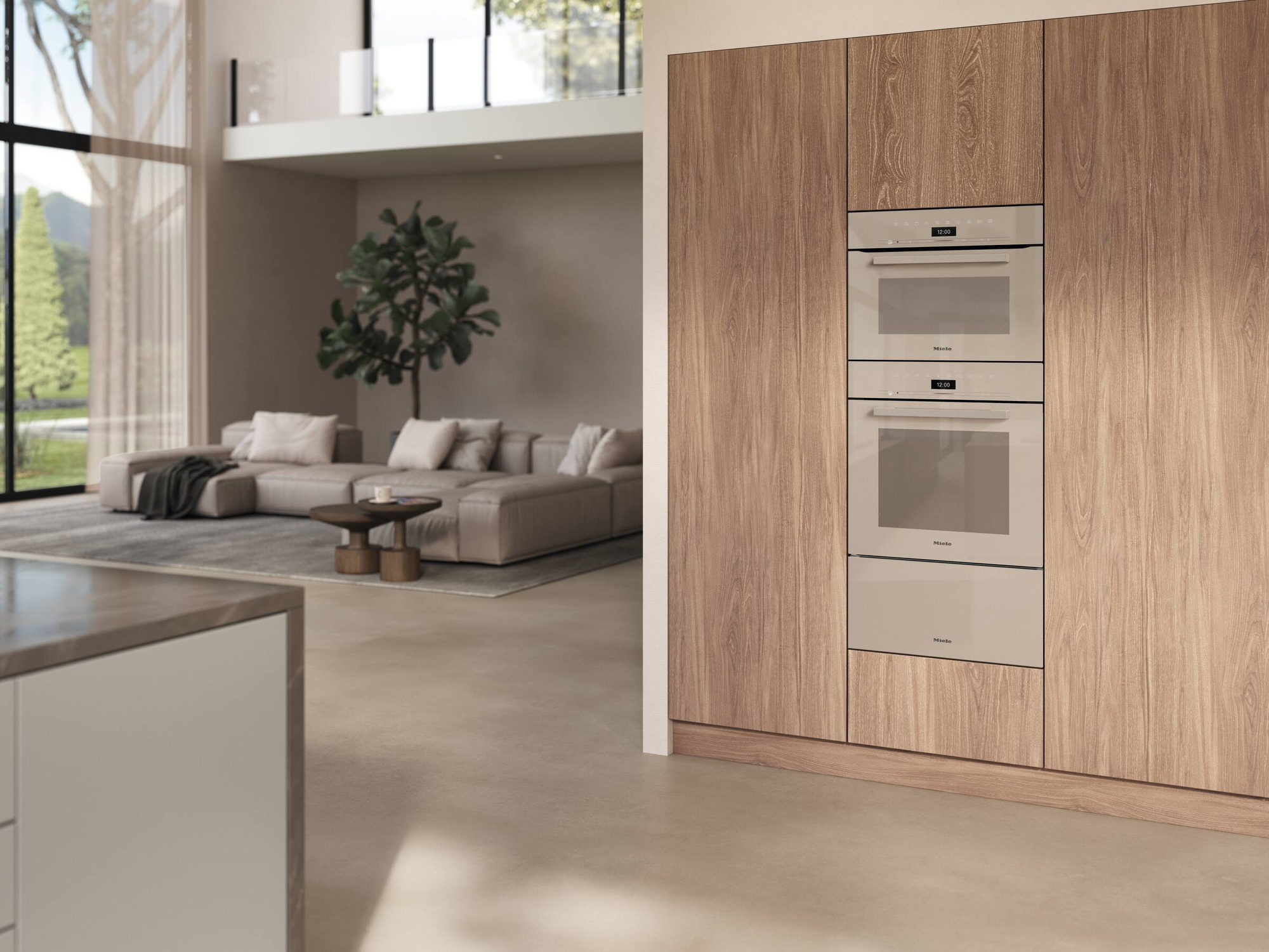 Miele Backofen und Kompaktgerät in
Pearlbeige mit Wärmeschublade in einer
Hochschrankzeile mit Holzfronten